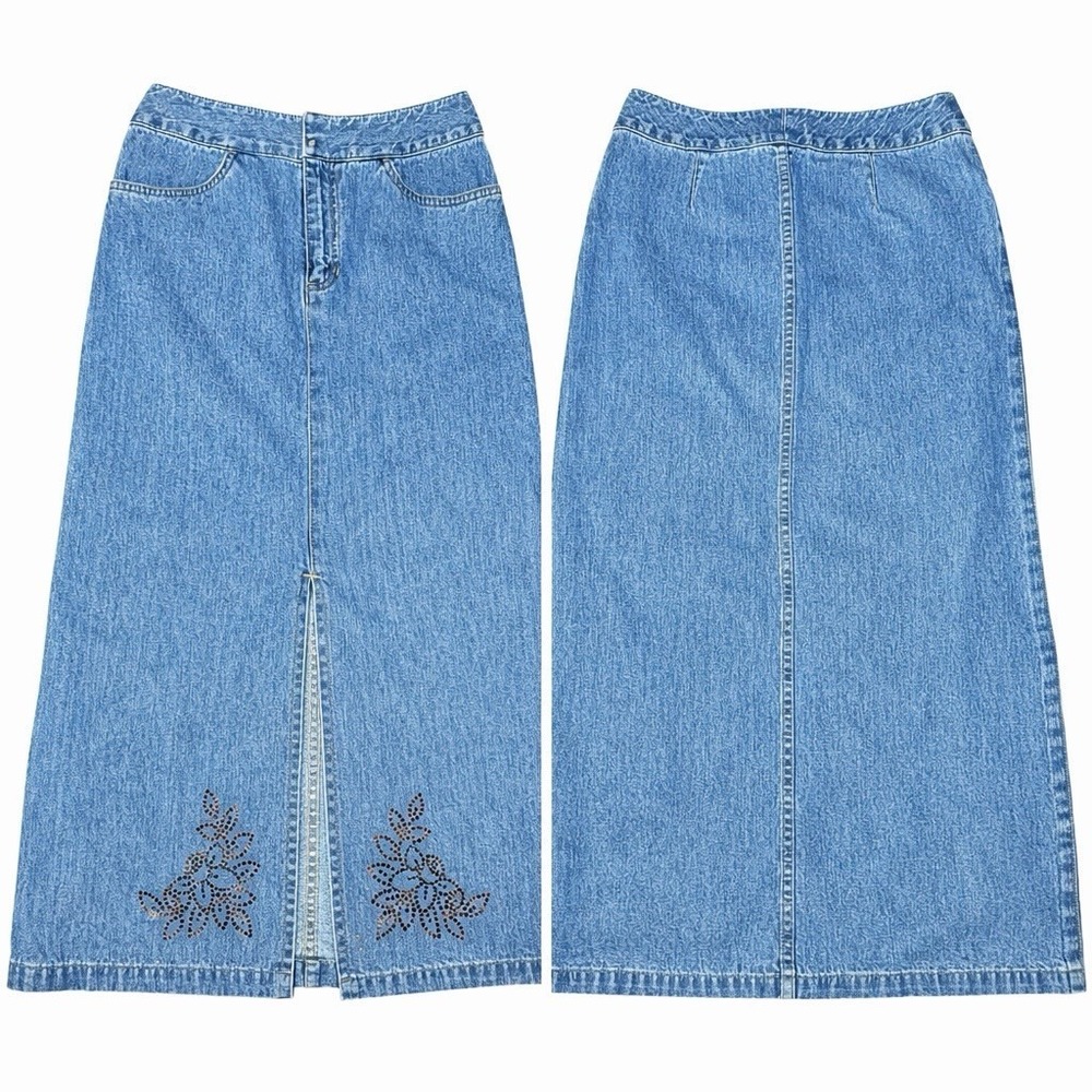 Y2K Liz Claiborne Jean Skirt Denim Midi Rhinestone Petite 4P Boho A-Line Cottage - Picture 2 of 10
